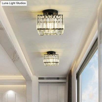 DecorBites™ DecorBites™ Modern Round/Square Shade Porch Flush Light Fixture with Clear Faceted Crystals - Black Canopy Ceiling Lamp