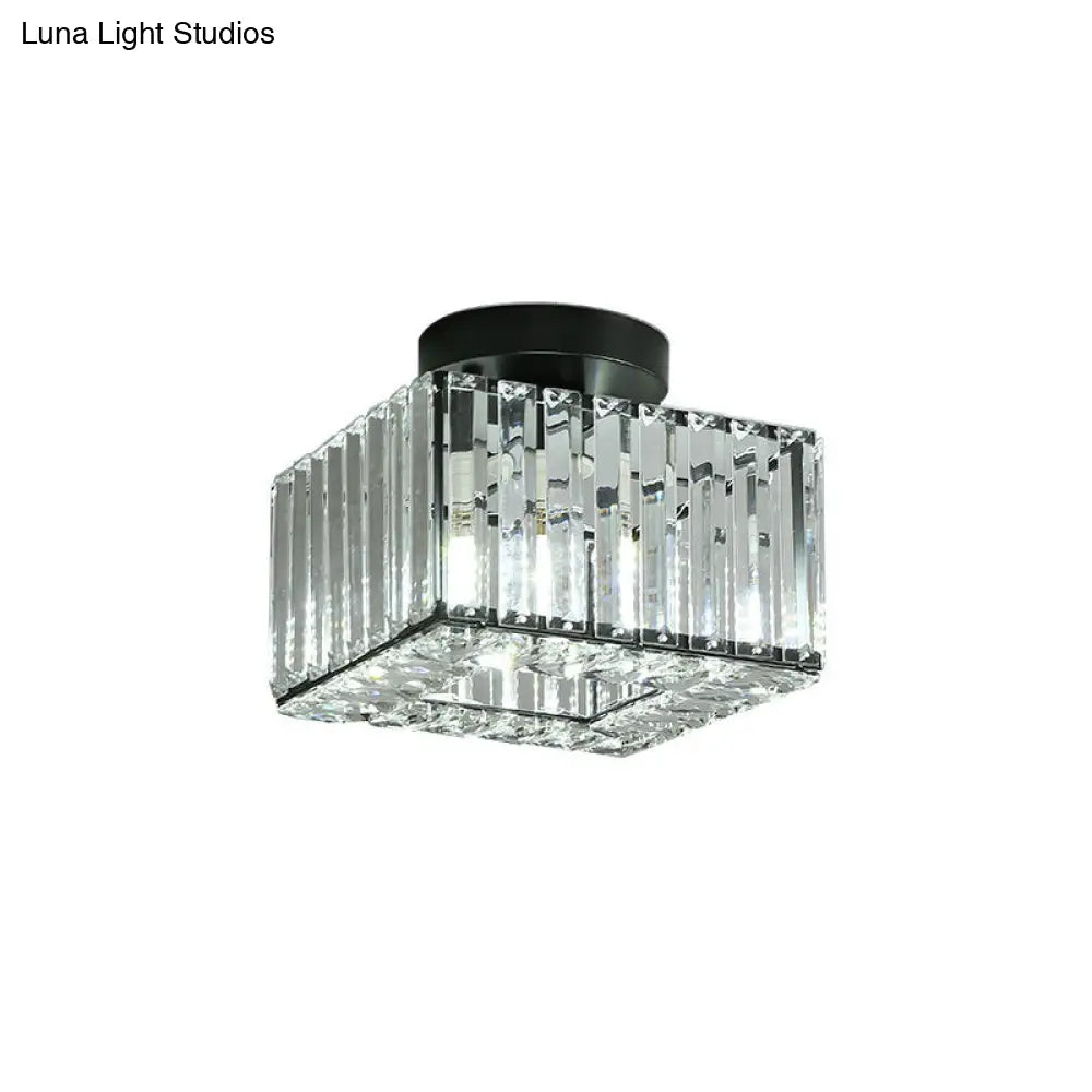 DecorBites™ DecorBites™ Modern Round/Square Shade Porch Flush Light Fixture with Clear Faceted Crystals - Black Canopy Ceiling Lamp