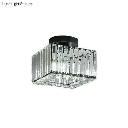 DecorBites™ DecorBites™ Modern Round/Square Shade Porch Flush Light Fixture with Clear Faceted Crystals - Black Canopy Ceiling Lamp