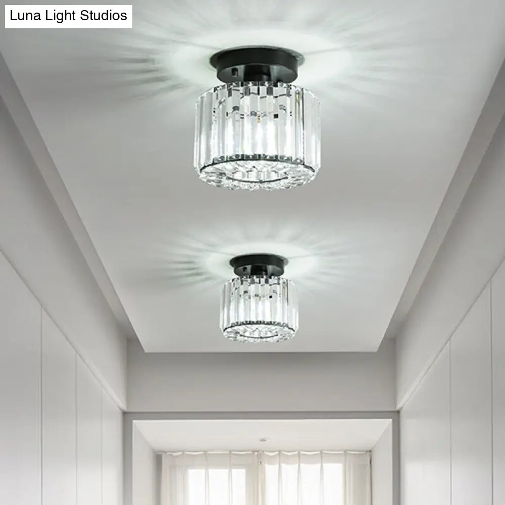 DecorBites™ DecorBites™ Modern Round/Square Shade Porch Flush Light Fixture with Clear Faceted Crystals - Black Canopy Ceiling Lamp