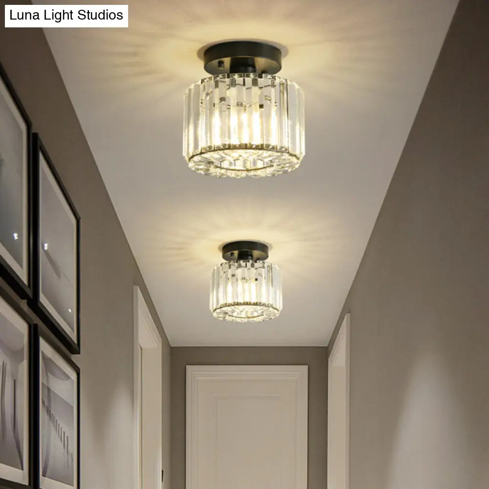 DecorBites™ DecorBites™ Modern Round/Square Shade Porch Flush Light Fixture with Clear Faceted Crystals - Black Canopy Ceiling Lamp