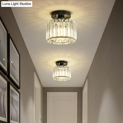 DecorBites™ DecorBites™ Modern Round/Square Shade Porch Flush Light Fixture with Clear Faceted Crystals - Black Canopy Ceiling Lamp