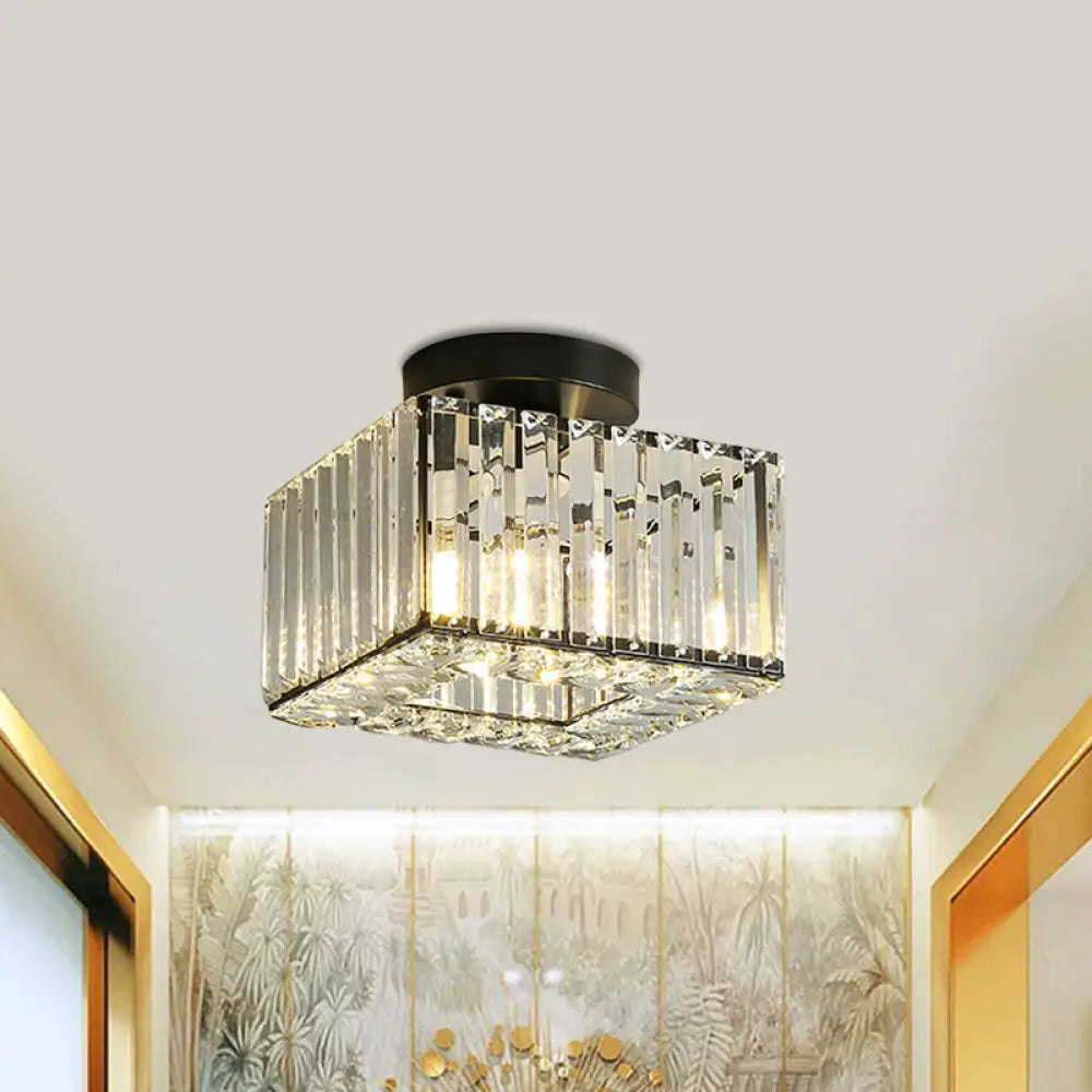 DecorBites™ DecorBites™ Modern Round/Square Shade Porch Flush Light Fixture with Clear Faceted Crystals - Black Canopy Ceiling Lamp