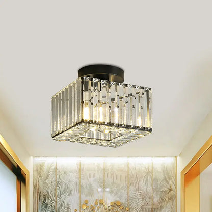 DecorBites™ DecorBites™ Modern Round/Square Shade Porch Flush Light Fixture with Clear Faceted Crystals - Black Canopy Ceiling Lamp