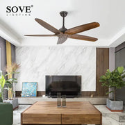 Modern rustic dark bronze ceiling fan with five 60 inch wooden blades by sove lighting for living room use