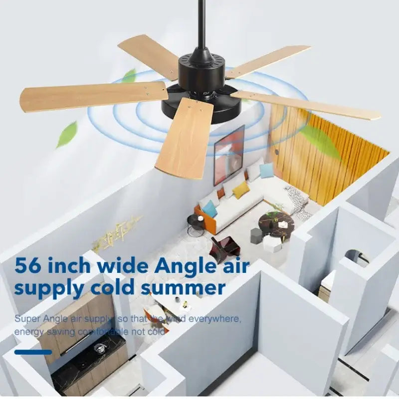 56-inch 5 blade led ceiling fan with wooden blades and black motor housing for modern sage green living room