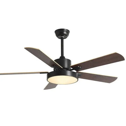 Black metal ceiling fan with five dark wood blades and circular light fixture for living room wooden led ceiling fan