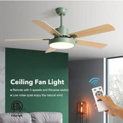Modern sage green ceiling fan with matte motor housing and five natural wooden blades wooden led ceiling fan for living room