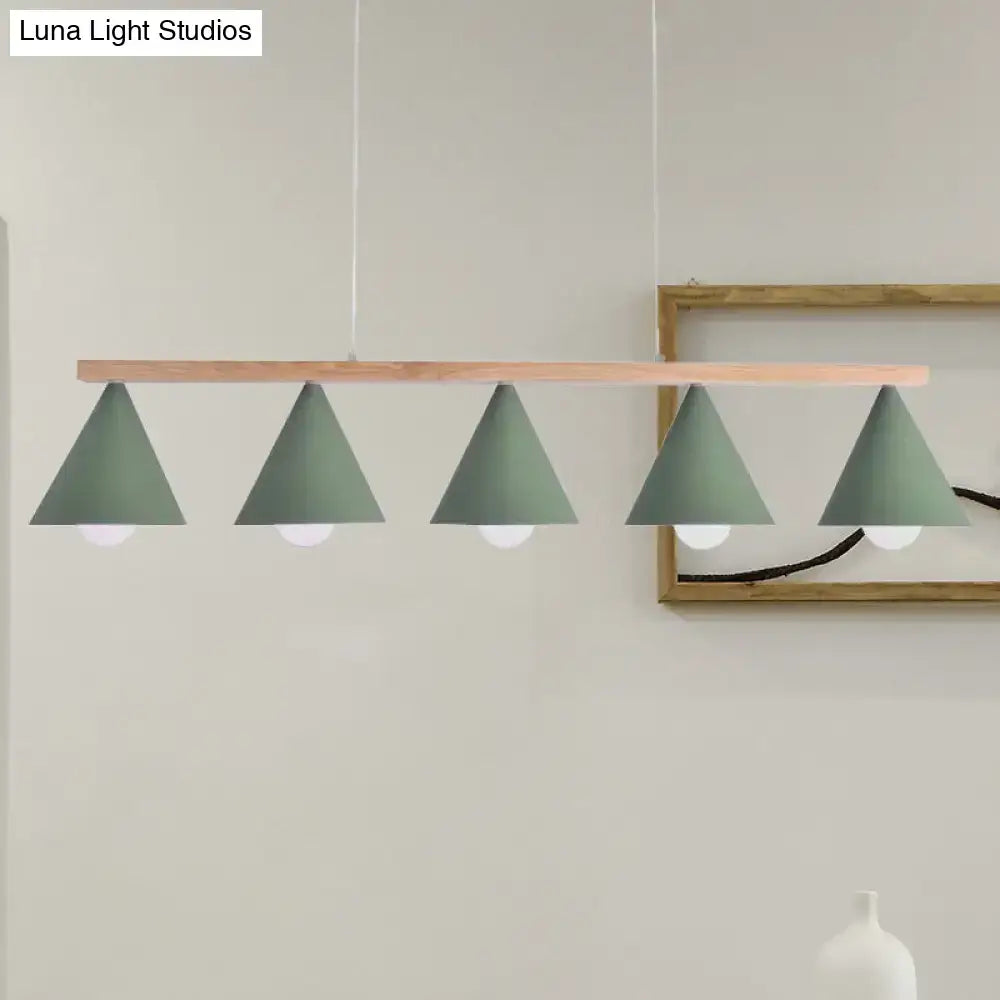 Modern DecorBites green iron island pendant ceiling light with five matte sage green shades and wooden bar fixture