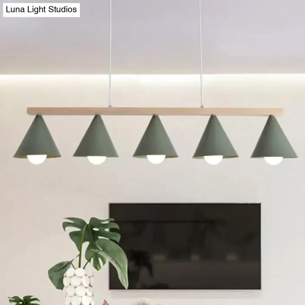 Decorbites green iron island pendant ceiling light with five matte sage green conical shades and wooden bar