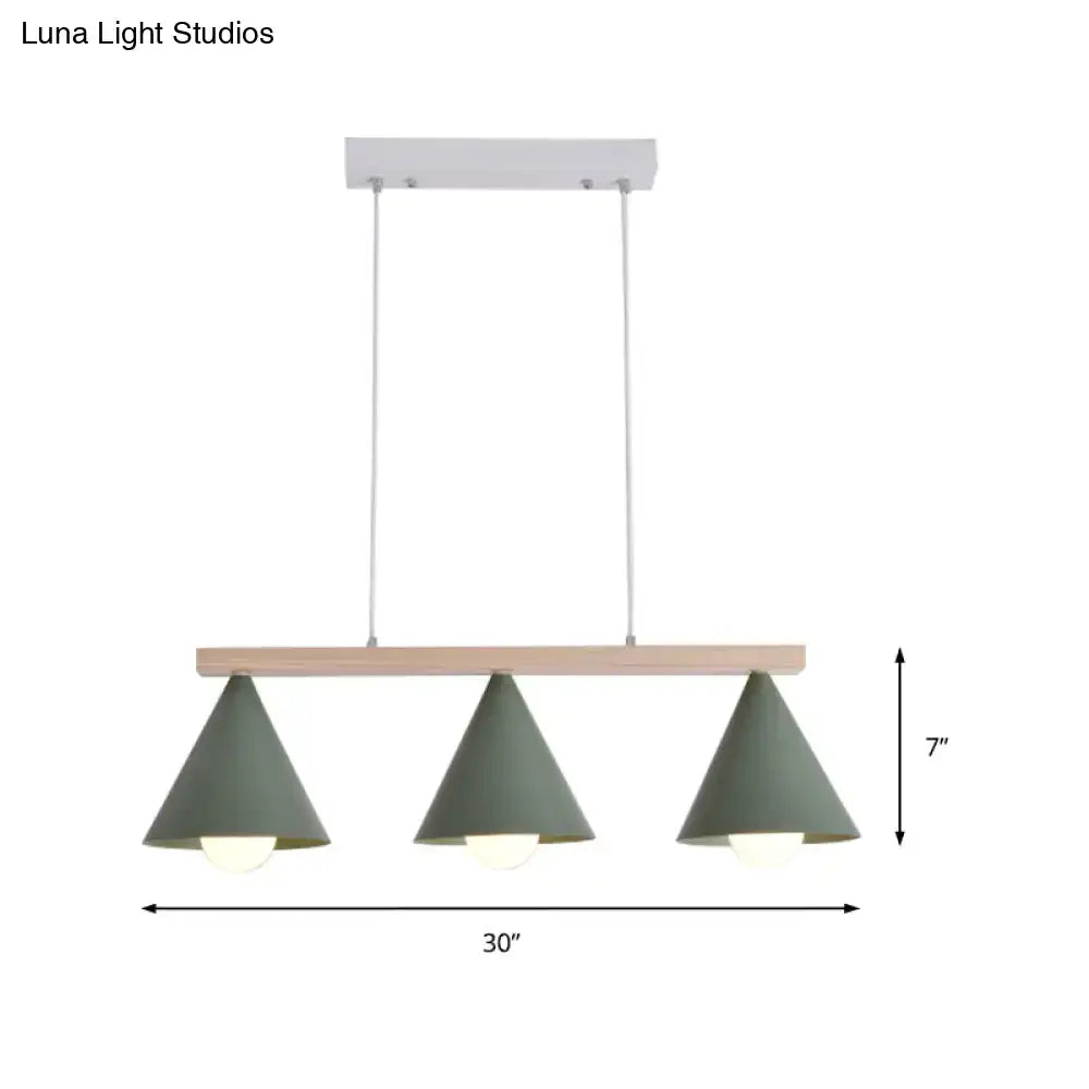 DecorBites Green iron island pendant ceiling light with three matte sage green conical shades and light wood bar