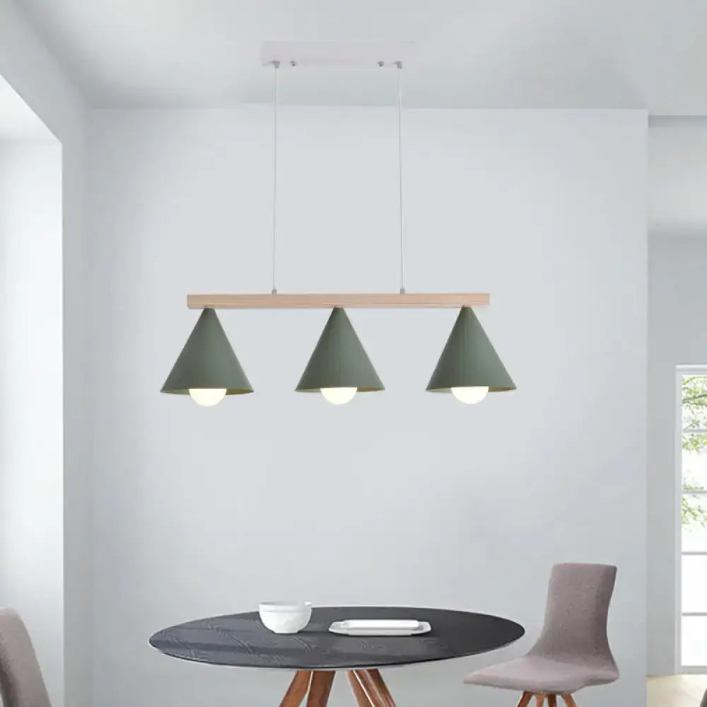 DecorBites green iron island pendant ceiling light with three matte sage green conical shades and wooden bar fixture