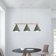 DecorBites green iron island pendant ceiling light with three matte sage green conical shades and wooden bar fixture