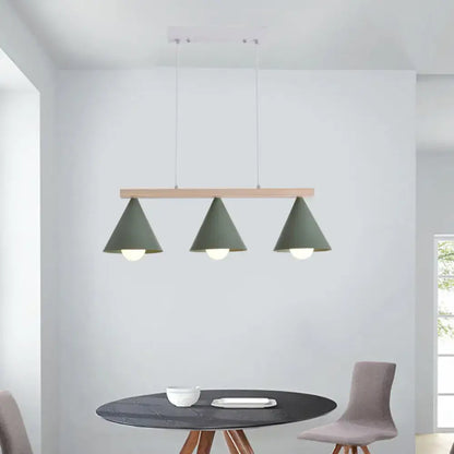 DecorBites green iron island pendant ceiling light with three matte sage green conical shades and wooden bar fixture