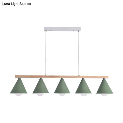 Modern DecorBites green iron island pendant ceiling light with five matte sage green shades and natural wood beam mount
