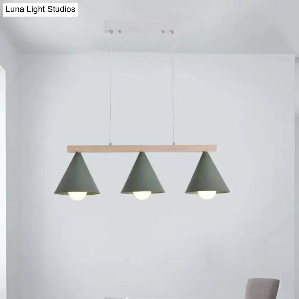 Modern DecorBites green iron island pendant ceiling light with three matte olive green conical shades and wooden bar