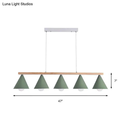 Modern green iron island pendant light fixture with natural wood bar and white ceiling mount for ceiling light