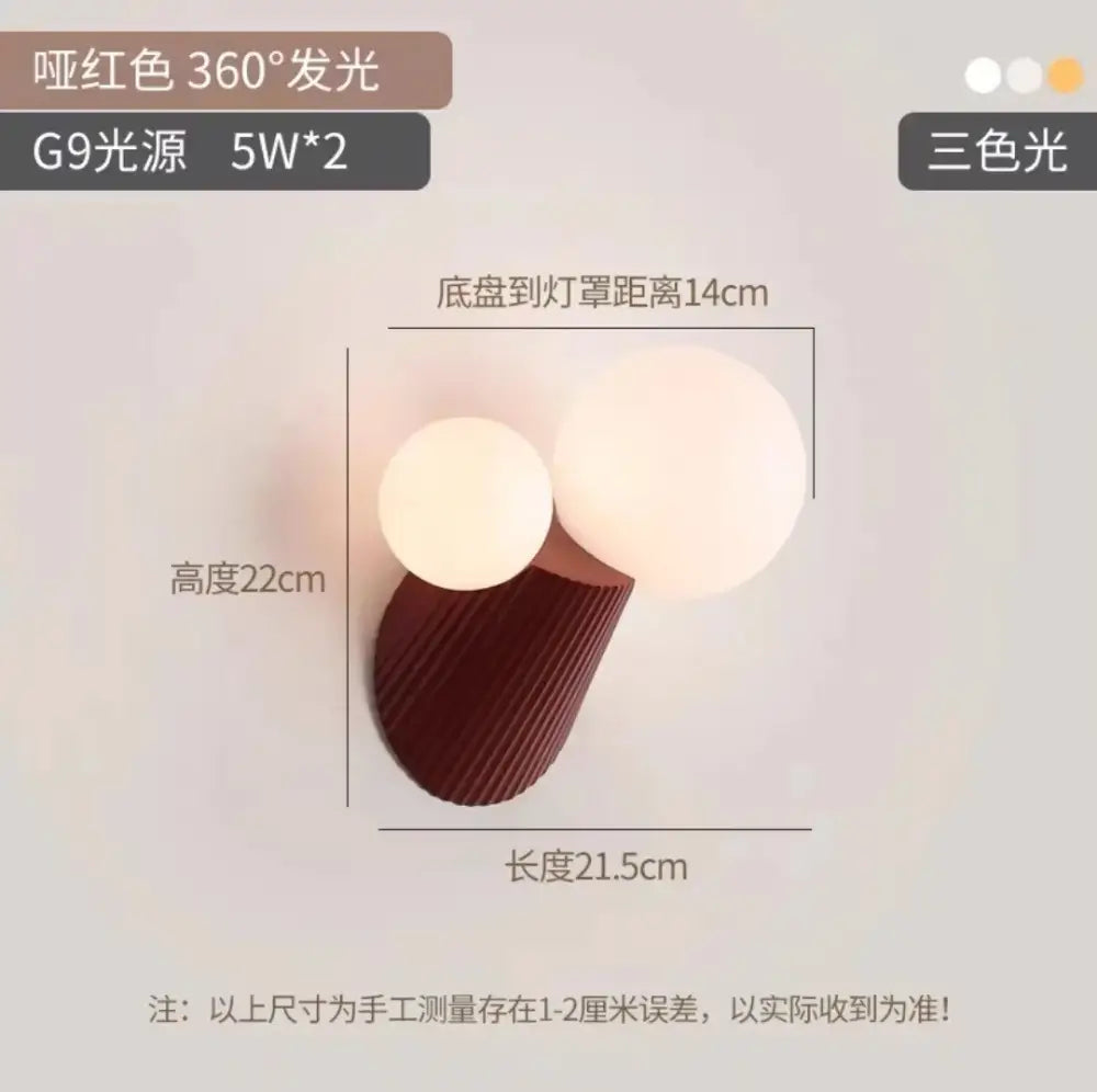 Modern two-bulb wall lamp with matte red cactus resin glass base and frosted shades for bedroom decorbites cactus resin lighting