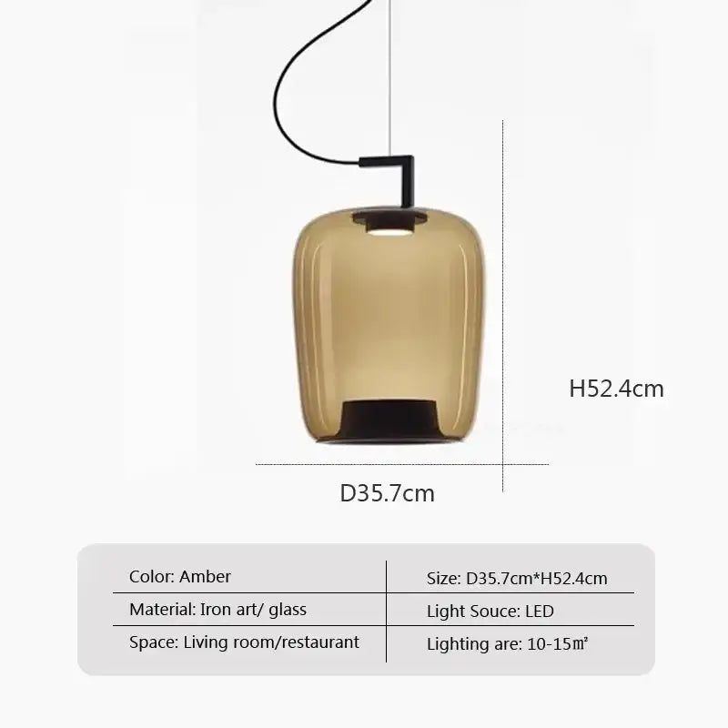 Amber-colored glass pendant lamp with sleek iron design and led bulb for modern living room or restaurant ambiance