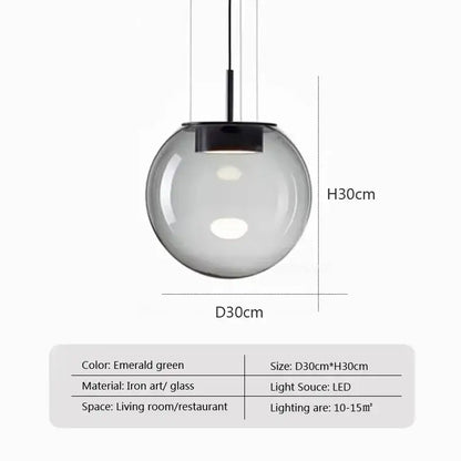 Emerald green spherical glass pendant lamp with iron art fixture and led bulb in modern sage green dining room set of 3