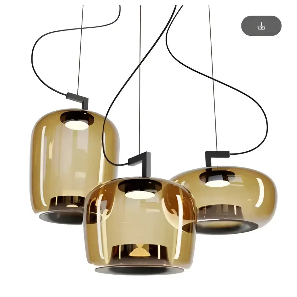 Modern sage green glass pendant lamp dining room set of 3 with amber-tinted glass pendant lamps and black metal fixtures