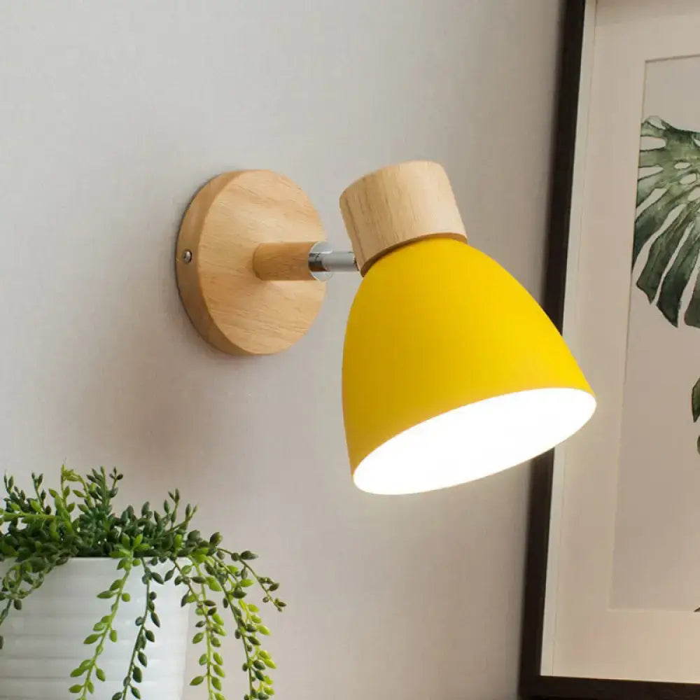 Yellow conical corridor wall light with natural wood base and metal arm macaron wood wall light fixture