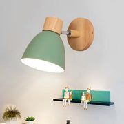Modern sage green macaron wood wall light fixture with matte metal shade and natural wood accents for corridor lighting