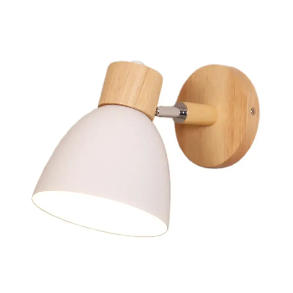 Minimalist corridor wall light fixture with matte white conical shade, macaron wood accents, and polished chrome hardware