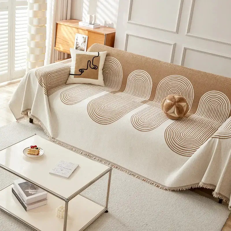 Beige thicken chenille sofa cover sofa with cream concentric circles and fringed edges for modern living room use