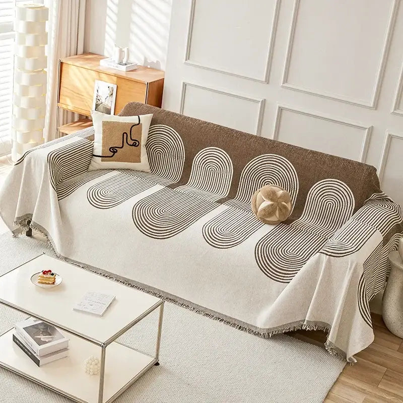 Beige and brown abstract wave-patterned thicken chenille sofa cover sofa with fringed edges for living room use
