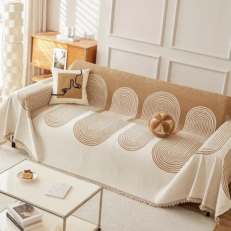 Beige and cream woven sofa cover with concentric circular patterns thicken chenille cover sofa blanket for living room