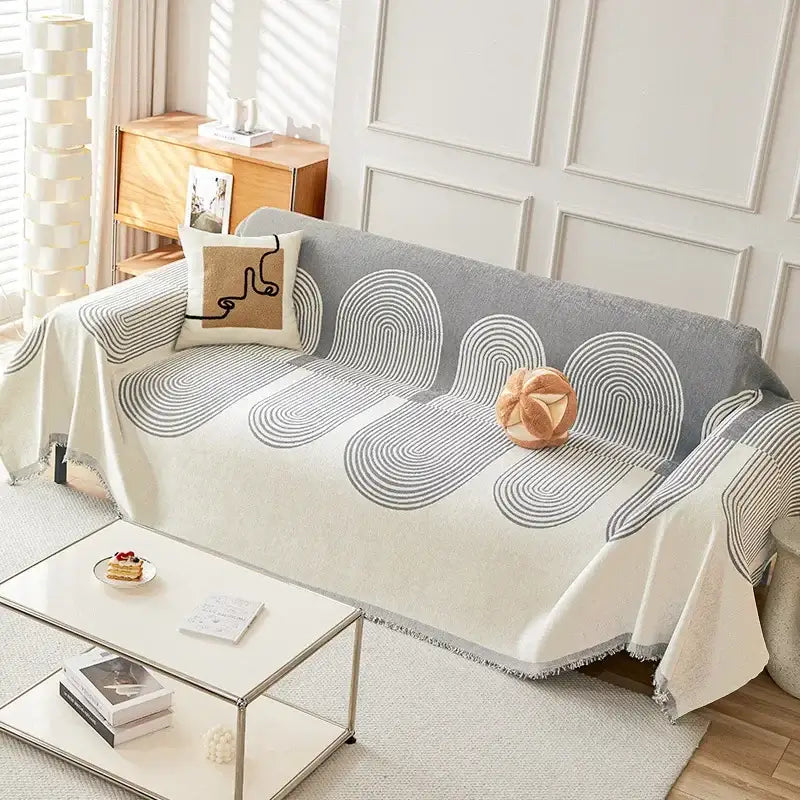 Gray and cream sofa cover sofa with abstract concentric circles made of thicken chenille for modern living room use