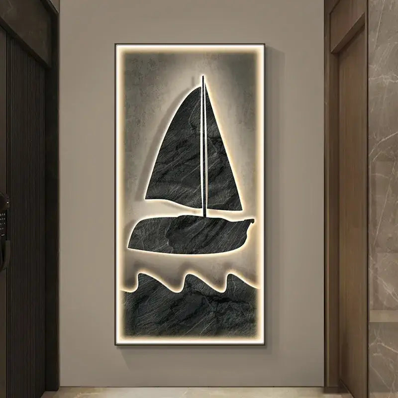 Modern black stone sailboat led wall lamp with illuminated edges for stylish living room decor