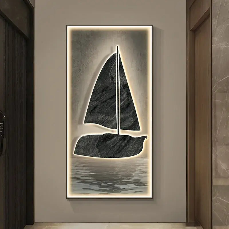 Modern black marble sailboat led wall lamp with illuminated frame for elegant living room decor and ambient lighting