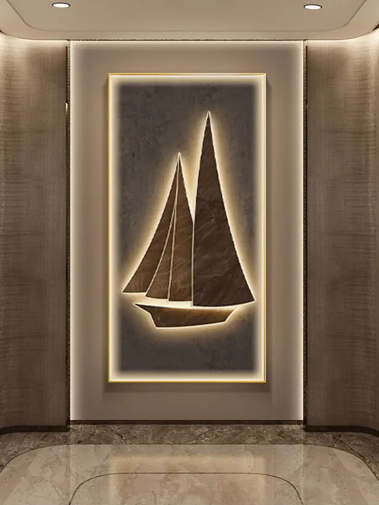 A modern led wall lamp with a dark brown stone sailboat silhouette on textured gray background for living room decor