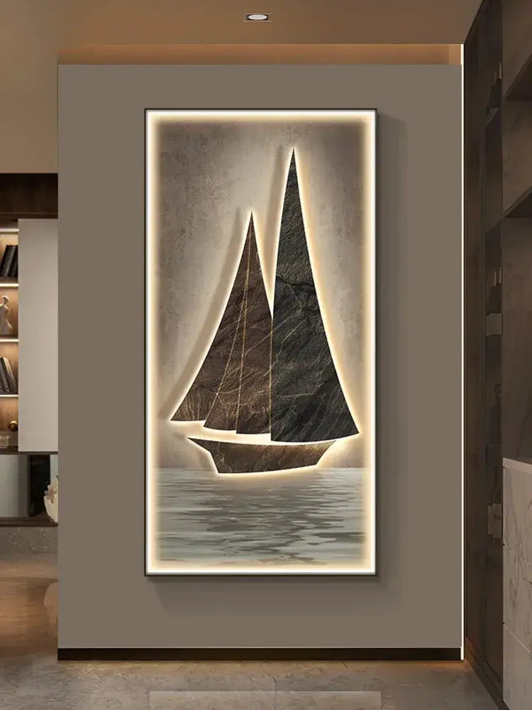A modern led wall lamp featuring a dark-toned sailboat silhouette with subtle veining for living room decor
