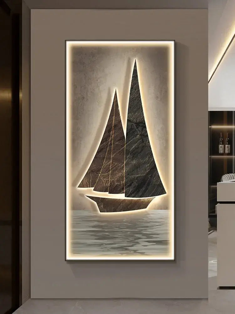 A modern led wall lamp featuring two dark textured sailboats with marble finishes for living room decor