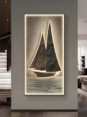 Modern sailboat stone led wall lamp featuring dark textured stone and warm backlighting for living room decor