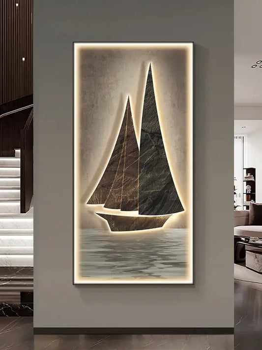 Modern sailboat stone led wall lamp featuring dark textured stone and warm backlighting for living room decor