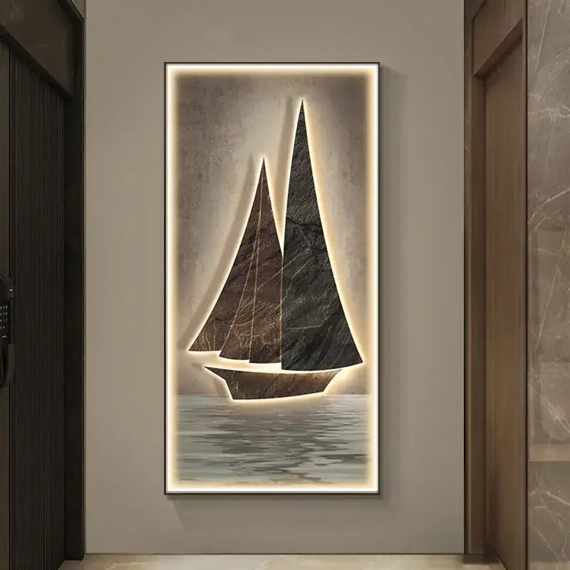 Modern sailboat stone led wall lamp with dark tones and marble textures illuminated for living room decor