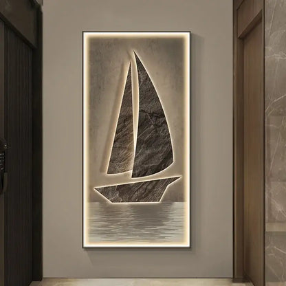 Modern sailboat stone led wall lamp with dark gray texture and white glowing backlighting for living room decor