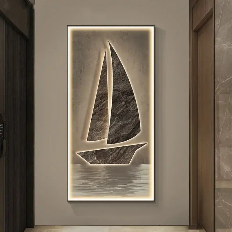 Modern sailboat stone led wall lamp with dark gray texture and white glowing backlighting for living room decor