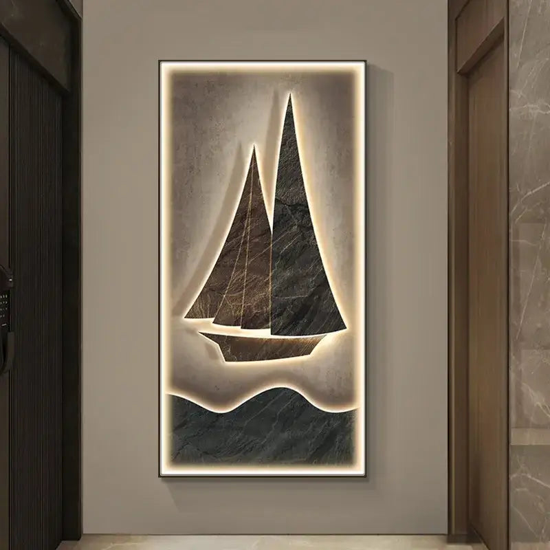 Modern illuminated wall lamp featuring a dark marble sailboat design with led backlighting for living room decor