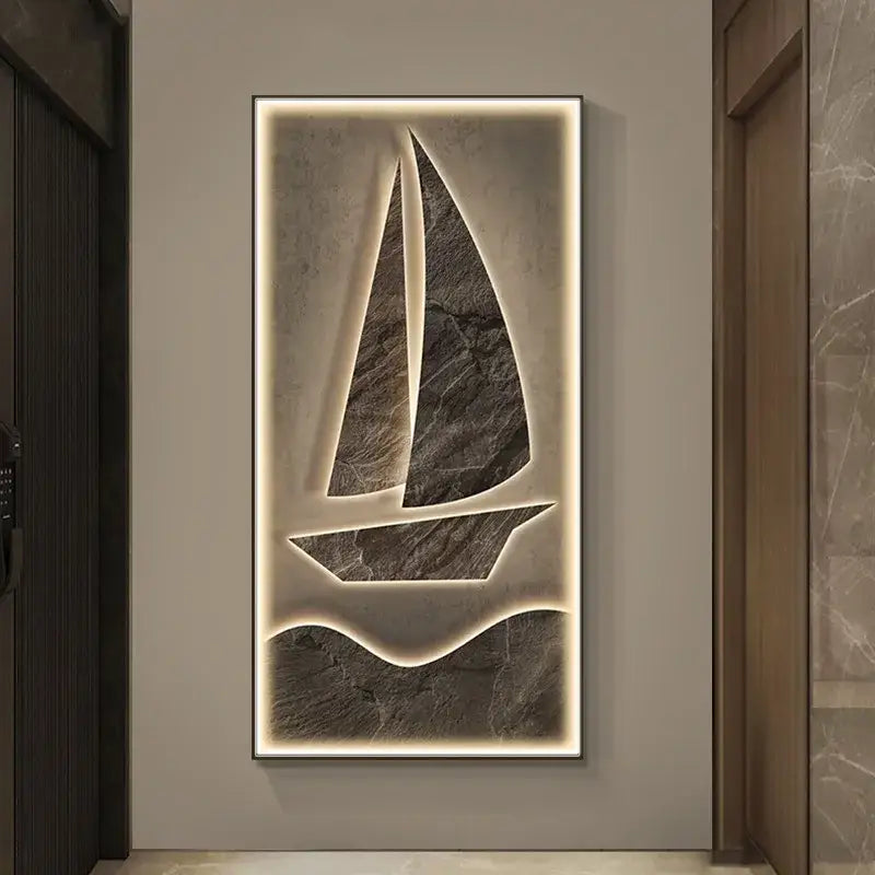 A modern dark gray stone textured sailboat led wall lamp with glowing backlighting for living room decor