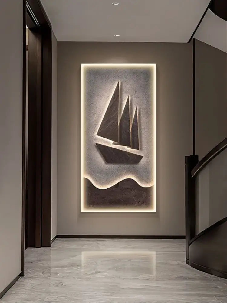 Modern sailboat stone led wall lamp in dark gray tones with textured design and backlight for living room decor