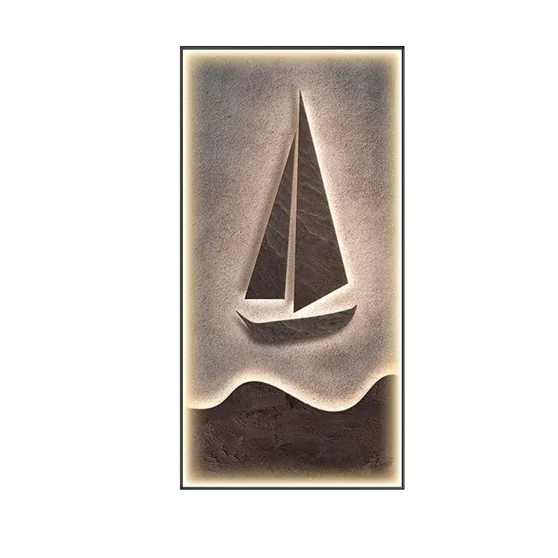 Modern sailboat stone led wall lamp features textured monochromatic sailboat carving with warm ambient lighting for living room decor