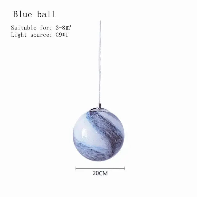 Modern saturn space star astronaut pendant lamp with 20cm swirling blue and white marbled glass sphere suspended by metallic cord