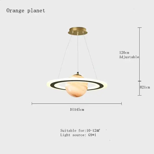 Modern saturn space star astronaut pendant lamp with adjustable warm-toned orb and illuminated rings for boys bedroom