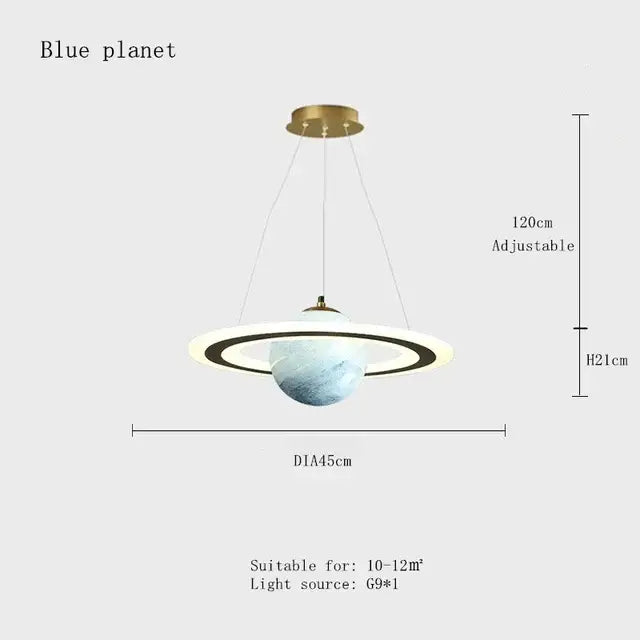 Modern saturn space star astronaut pendant lamp with blue marble-effect globe and glowing rings for boys bedroom
