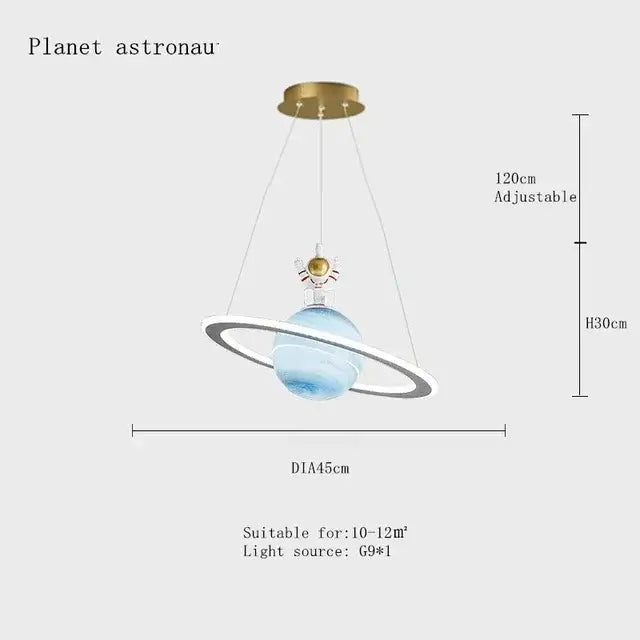 Modern saturn space star astronaut pendant lamp with blue planet light white ring gold astronaut and brass mount for boys bedroom